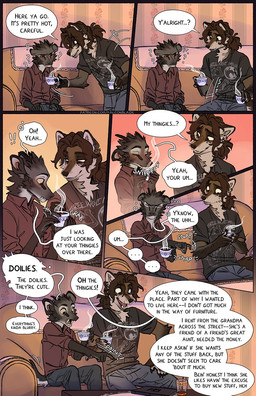 anthro biped black_nose blush brown_body brown_eyes brown_fur bubble canine_teeth cheek_tuft clothed clothed_anthro clothing computer container cup dialogue drunk drunk_bubble duo electronics facial_tuft fluffy fluffy_tail fur furniture gesture glass glass_container glass_cup grey_body grey_fur hand_gesture head_tuft holding_container holding_cup holding_object hot_drink inside laptop male offering_beverage on_sofa pointing pointing_at_object pointy_ears prick_ears sitting sitting_on_sofa snapping_fingers snout sofa speech_bubble substance_intoxication table tail tan_body tan_fur text tuft tusks yellow_sclera falco_works indy_(justroadkill) pen_(falco_works) canid canine canis cervine coyote deer mammal tufted_deer 2025 comic digital_media_(artwork) english_text hi_res