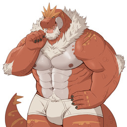 5_fingers abs anthro anthrofied arm_tuft beard biceps big_muscles biped black_sclera body_hair bottomwear briefs brown_body brown_nipples brown_scales bulge claws clothed clothing countershade_torso countershading elbow_tuft facial_hair fingers front_view fur fur_tuft grey_body grey_countershading hand_on_hip huge_muscles humanoid_hands looking_at_viewer male manly muscular muscular_anthro muscular_arms muscular_male navel neck_tuft nipples non-mammal_nipples obliques open_mouth orange_body orange_scales pecs pink_tongue pokemorph pose pubes scales simple_background solo spikes standing teeth tighty_whities tongue topless tuft underwear white_background white_body white_bottomwear white_briefs white_clothing white_eyes white_fur white_scales white_underwear adios nintendo pokemon dinosaur fossil_pokemon generation_6_pokemon pokemon_(species) prehistoric_species reptile saurischian scalie theropod tyrantrum 1:1 2016 cel_shading hi_res shaded