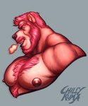 anthro barazoku beard big_muscles black_nose body_hair brown_body brown_eyes brown_fur brown_nipples chest_hair clothed clothing eyebrows facial_hair fur hair happy_trail looking_at_viewer male muscular muscular_anthro muscular_male mustache nipples pecs pink_hair simple_background solo thick_eyebrows topless chillykuma rex_(furrybeefrex) bear mammal 2021 absurd_res bust_portrait hi_res portrait