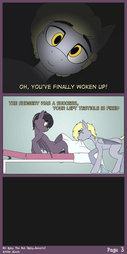 anesthesia animal_genitalia animal_penis balls bodily_fluids castration cock_and_ball_torture cum dialogue duo empty_scrotum empty_sheath equine_genitalia equine_penis eunuch exposed_testicle feral genital_fluids genital_mutilation genital_torture genitals hospital male malpractice medical_malpractice mutilation nullification nullo penectomy penis severed_body_part severed_genitals severed_penis swollen syringe wings alonio friendship_is_magic hasbro my_little_pony mythology derpy_hooves_(mlp) bat_pony equid equine mammal mythological_creature mythological_equine pegasus animated comic short_playtime