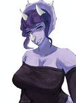 anthro big_breasts biped black_clothing black_dress breasts clothed clothed_anthro clothed_female clothing detatched_sleeves dress eyebrows eyelashes female hair horn looking_at_viewer medium_hair open_mouth purple_body purple_eyes purple_hair purple_scales scales simple_background smile solo strapless_clothing strapless_dress teeth white_background dark_rya goodbye_volcano_high trish_(gvh) ceratopsian dinosaur ornithischian prehistoric_species reptile scalie triceratops 2024 3:4 artist_name colored half-length_portrait hi_res portrait shaded