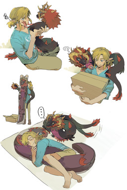 ambiguous_gender back_spikes black_body blonde_hair blue_eyes blue_sclera body_pillow box cardboard cardboard_box claws clothed clothed_humanoid clothing container duo ear_piercing ear_ring eye_contact feral four_frame_image hair holding_another horn looking_at_another male motion_lines multicolored_eyes piercing pillow question_mark red_hair ring_piercing simple_background smile spikes spikes_(anatomy) tail tail_motion tailwag white_background 26_zzzzzz mythology nintendo tears_of_the_kingdom the_legend_of_zelda demon_dragon_(totk) link dragon eastern_dragon humanoid hylian mythological_creature mythological_scalie scalie 2023 absurd_res hi_res multiple_scenes