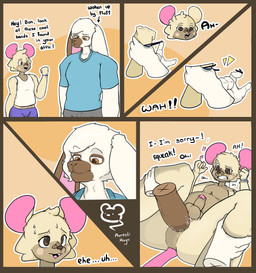 anal anal_penetration animal_noises anthro anthro_on_anthro apology balls blue_clothing bodily_fluids bottomwear brown_eyes clothing dialogue disembodied_hand disembodied_penis duo from_front_position fur fur_markings genital_fluids genitals heart_eyes heart_symbol male male/male male_penetrating markings mating_press moan nude nude_anthro nude_male outline penetration penis precum rubber_band screaming sex shirt shorts simple_background size_difference smug_face squeaking sweat tank_top text tired topwear white_body white_fur white_outline theaureolimayo bunbun_(theaureolimayo) fluff_(theaureolimayo) lagomorph leporid mammal murid murine rabbit rat rodent absurd_res comic hi_res