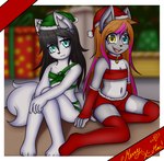 adolescent anthro christmas_clothing clothing countershading duo female female/female flat_chested footwear holidays legwear socks thigh_highs young dream_mirage christmas angel_kitsune kayla_kitsune canid canine canis fox hybrid mammal wolf hi_res