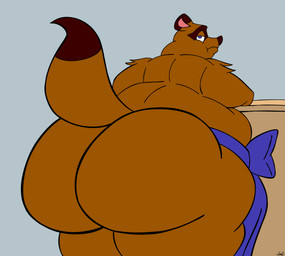 anthro apron apron_only back_rolls belly belly_squish big_belly big_butt blue_eyes bored brown_body brown_fur butt butt_focus chubby_cheeks clothed clothing dipstick_tail exposed_butt facial_markings frown fur grey_background head_markings huge_butt leaning_on_counter lidded_eyes looking_at_viewer looking_back looking_back_at_viewer male markings mask_(marking) morbidly_obese morbidly_obese_anthro morbidly_obese_male obese obese_anthro obese_male overweight overweight_anthro overweight_male rear_view simple_background solo squish standing tail tail_markings thick_thighs topless topless_male joe-anthro animal_crossing nintendo tom_nook_(animal_crossing) canid canine mammal raccoon_dog tanuki 2023 absurd_res digital_drawing_(artwork) digital_media_(artwork) hi_res