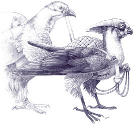 ambiguous_gender bridle duo feathered_wings feathers feral harness mount reins steed wings maggock avian bird galliform phasianid quail greyscale monochrome