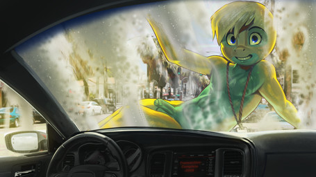 abs anthro anthrofied badge balls blonde_hair blue_eyes car car_wash car_window countershade_balls countershade_body countershade_face countershade_genitalia countershade_penis countershade_torso countershading dashboard detailed_background erection exhibitionism eye_markings first_person_view foreskin genitals glans grin hair inside_car inside_vehicle looking_at_viewer male male_anthro markings multicolored_body navel nipples nude_anthro nude_male outdoor_nudity partially_retracted_foreskin penis pokemorph public public_nudity side_view_mirror smile solo steering_wheel street suds text two_tone_body vehicle wet wet_body yellow_body young young_anthro young_male apis_(artist) dodge_(brand) nintendo pokemon caprino_bencivenni dunsparce generation_2_pokemon pokemon_(species) 2023 absurd_res digital_drawing_(artwork) digital_media_(artwork) english_text hi_res shaded