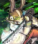 abstract_background angry anthro boots bottomwear clothing coat fighting_pose footwear gloves green_background handwear lab_coat male melee_weapon pants pose shoes simple_background solo sword topwear weapon katamichi nintendo star_fox peppy_hare lagomorph leporid mammal rabbit absurd_res hi_res