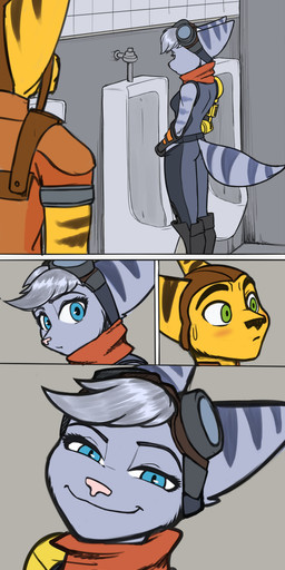 anthro bathroom blue_eyes breasts butt clothing cybernetic_arm cybernetic_limb eyebrows eyewear eyewear_on_head female goggles goggles_on_head green_eyes grey_hair grin hair headgear male scarf small_breasts smile smug urinal discrete_turtle ratchet_and_clank sony_corporation sony_interactive_entertainment ratchet_(ratchet_and_clank) rivet_(ratchet_and_clank) felid feline lombax mammal colored comic comment_chain hi_res female_(lore)