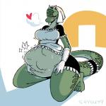 1:1 abdominal_bulge anthro argonian belly bethesda_softworks big_belly blush breasts clothed clothing comic exclamation_point female female_pred garter_belt garter_straps green_body green_scales heart_symbol hi_res horn licking licking_lips licking_own_lips lifts-her-tail maid_uniform microsoft non-mammal_breasts oral_vore scales scalie self_lick shyguy9 solo the_elder_scrolls the_lusty_argonian_maid tongue tongue_out uniform vore