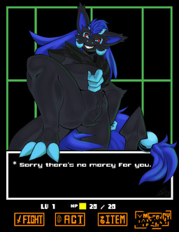 black_body black_fur blue_eyes blue_hair claws fur hair horn long_hair male muscular muscular_male pointed_tail solo teeth text_box user_interface kurothefox nintendo pokemon undertale undertale_(series) nimbeon_(nimark) generation_5_pokemon pokemon_(species) zoroark hi_res