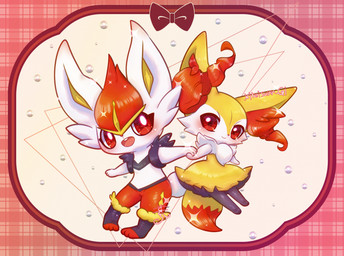 3_fingers 3_toes ambiguous_anthro ambiguous_gender anthro arm_tuft biped black_body black_fur blush border bow_ribbon cheek_tuft chest_tuft chibi closed_smile dipstick_tail duo eyelashes facial_tuft featureless_chest featureless_crotch feet fingers flat_chested front_view fur hand_holding hip_tuft inner_ear_fluff looking_at_viewer markings mouth_closed multicolored_body multicolored_fur nude_ambiguous nude_anthro open_mouth open_smile orange_body orange_fur orange_inner_ear_fluff orange_nose orange_tail_tip pseudo_clothing red_eyes shoulder_tuft smile snout sparkles tail tail_markings toes tuft two_tone_tail white_body white_fur yellow_body yellow_fur yellow_tail kisara15unof nintendo pokemon braixen canid cinderace generation_6_pokemon generation_8_pokemon lagomorph mammal pokemon_(species) 2025 absurd_res colored digital_drawing_(artwork) digital_media_(artwork) hi_res shaded signature