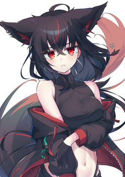 ahoge animal_ears arm_under_breasts bare_shoulders big_breasts black_clothing black_crop_top black_gloves black_hair black_handwear black_jacket black_shirt black_topwear blush breasts clothed clothing collarbone crop_top ear_piercing ear_ring female fluffy_ears glistening glistening_hair gloves hair hair_between_eyes handwear jacket long_hair midriff multi_ear navel neutral_expression open_clothing open_jacket open_topwear piercing red_eyes ring_piercing shirt simple_background topwear white_background kamkampan hololive vtuber kurokami_fubuki animal_humanoid canid canid_humanoid canine canine_humanoid fox_humanoid humanoid mammal mammal_humanoid hi_res