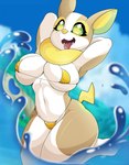 anthro big_breasts bikini breasts clothed clothing fangs female hands_behind_head navel open_mouth solo swimwear teeth thick_thighs tongue tongue_out two-piece_swimsuit water deerrobin nintendo pokemon generation_8_pokemon pokemon_(species) yamper 2023 hi_res