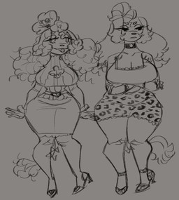accessory animal_print anthro big_breasts bottomwear breast_size_difference breasts choker circle_eyebrows cleavage_cutout clothing crossed_arms curly_hair cutout duo ears_as_hair eyebrows female footwear frown furgonomics hair heart_clothing heart_symbol high_heels jewelry leopard_print leopard_print_skirt long_sleeve_sweater miniskirt necklace shoes skirt tail tail_accessory thick_thighs tight_clothing tongue tongue_out topknot waist_belt wide_hips lewdersheep macaron_(lewdersheep) mont_blanc_(lewdersheep) canid canine canis domestic_dog mammal poodle 2024 hi_res sibling_(lore) twins_(lore)