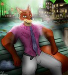 anthro belt bottomwear chair clothed clothing fluffy fluffy_tail fur furniture green_eyes humanoid_hands looking_at_viewer male necktie on_chair pants red_body red_fur scenery shirt sitting sitting_on_chair solo tail tan_body tan_fur topwear logan_silver disney zootopia nick_wilde canid canine fox mammal red_fox true_fox hi_res