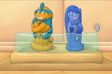 after_transformation ambiguous_gender anthro detailed_background duo eye_contact inflatable inflatable_transformation looking_at_another male museum nozzle permanent_smile sarcophagus transformation crizbn level-5 neopets yo-kai_watch casanono hayati hexatoy animate_inanimate humanoid living_inflatable neopet_(species) zafara_(neopets) 3:2 absurd_res hi_res