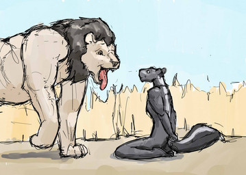 anthro black_body black_fur blue_sky brown_mane day duo feral fur grass hands_behind_back imminent_vore kneeling looking_at_prey male male/male mane nude_anthro nude_feral open_mouth plant savanna savannah_grass size_difference skunk_tail sky standing tan_body tan_fur tongue tongue_out walking white_body white_fur jeri_kleinlowe felid lion mammal mephitid pantherine skunk 2012 colored guide_lines