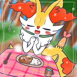 ambiguous_anthro ambiguous_gender anthro beverage biped blush blush_stickers curry cutlery detailed_background dipstick_tail dutch_angle eyes_closed food forest_background front_view hands_together kitchen_utensils markings object_in_tail open_mouth open_smile outside rice shrimp_(food) smile solo spoon tail tail_markings text textured tools annyui0611 nintendo pokemon braixen canid generation_6_pokemon mammal pokemon_(species) 1:1 2023 digital_drawing_(artwork) digital_media_(artwork) hi_res japanese_description japanese_text translated translated_description
