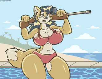 anthro beach big_breasts bikini bikini_bottom bikini_top black_hair breasts brown_eyes clothing cloud female fur gun hair multicolored_body multicolored_fur navel palm_tree plant ranged_weapon rifle sand seaside sky sniper_rifle solo swimming_pool swimwear tan_body tan_fur teeth text thick_thighs tree two-piece_swimsuit two_tone_body two_tone_fur water weapon wide_hips virus-20 june_coyote canid canine canis coyote mammal 2019 artist_name digital_media_(artwork)