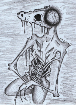 anthro bilemirth genitals gore guts intestines male masturbation organs penis skeletal slim solo unhappy893 equid equine horse humanoid mammal absurd_res graphite_(artwork) hi_res sketch traditional_media_(artwork)