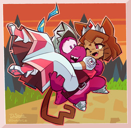 anthro armored_boots armwear belt blush border brown_hair brown_tail carrying_another carrying_partner cat_tail clothing crown cute_fangs dinosaur_tail dress eyebrows eyelashes fangs feathers female footwear group hair headgear high_heels knight_helmet looking_at_another male male/female mountain one_eye_closed princess_dress purple_body purple_eyes sharp_teeth shoes short_hair sunset tail teeth trio whiskers white_body white_clothing white_crown white_dress white_feathers white_footwear white_high_heels stephsartlab gameoverse glitch_productions gobbles_(gameoverse) kaboodle_(gameoverse) kit_bodega animate_inanimate dinosaur domestic_cat felid feline felis living_clothing mammal prehistoric_species reptile scalie hi_res signature