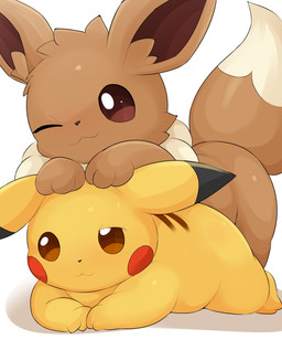 ambiguous_gender bodily_fluids brown_body duo feral lying on_front on_top_of pupils quadruped simple_background smile sweat tail yellow_body type nintendo pokemon eevee generation_1_pokemon pikachu pokemon_(species) absurd_res hi_res