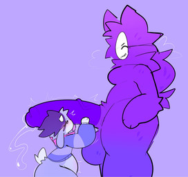 ambiguous_gender anthro balls bloated bodily_fluids clothing duo fur genital_fluids genitals gynomorph gynomorph/ambiguous intersex intersex/ambiguous leaking_precum licking mask nude oral penile penis penis_lick precum purple_body purple_fur sex size_difference small_tail sweater tail tailless tongue topwear wearing_mask frozenfwomp cozy_(frozenfwomp) bovid caprine felid feline goat mammal hi_res