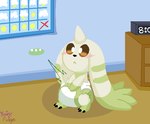 ambiguous_gender blush brown_eyes calendar clock clothed clothing dialogue diaper embarrassed hand_on_diaper imminent_feces imminent_scat semi-anthro solo touching_diaper wearing_diaper wide_eyed fairyfudge bandai_namco digimon digimon_(species) terriermon digital_media_(artwork) signature