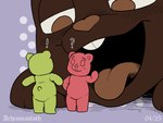 ambiguous_gender anthro blush buckteeth candy chocolate dessert exclamation_point featureless_crotch food group gummy_(food) gummy_bear_(food) imminent_oral_vore imminent_vore micro oblivious question_mark simple_background size_difference teeth achromasloth animate_inanimate bear food_creature lagomorph leporid living_candy mammal rabbit 2025 4:3 flat_colors signature