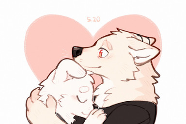 anthro black_clothing black_nose black_topwear cheek_tuft chest_tuft closed_smile clothed clothing duo ears_back eyes_closed facial_tuft floppy_ears fur glistening glistening_eyes heart_background hug male mouth_closed neck_tuft pink_body pink_ears pink_fur pivoted_ears red_eyes side_view simple_background smile topwear tuft unsigned white_body white_fur asnnonaka canid canine canis domestic_dog mammal