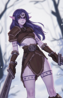 5_fingers bottomwear breasts clothed clothed_female clothed_humanoid clothing female female_humanoid fingers front_view fully_clothed fully_clothed_female fully_clothed_humanoid gloves hair handwear holding_melee_weapon holding_object holding_sword holding_weapon looking_at_viewer melee_weapon not_furry outside plant purple_body purple_hair purple_skin snow solo standing sword topwear tree weapon winter personalami humanoid 2025 digital_drawing_(artwork) digital_media_(artwork) hi_res