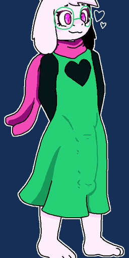 3_toes anthro barefoot big_bulge bulge clothing detailed_bulge dress eyelashes eyewear feet femboy floppy_ears fluffy fur genital_outline genitals glasses green_clothing green_dress hands_behind_back head_tuft heart_symbol horn huge_bulge male paws penis_outline pink_eyes pink_horn pink_scarf round_glasses scarf solo standing toes tuft white_body white_fur couldbestella deltarune undertale_(series) ralsei bovid caprine darkner goat mammal alpha_channel