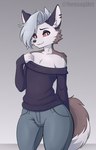 anthro bare_shoulders bottomwear canid canid_demon canine clothed clothing crossgender demon denim denim_bottomwear denim_clothing ear_piercing ear_ring fluffy fluffy_tail ftm_crossgender fully_clothed fur girly grey_body grey_fur grey_hair hair hellhound helluva_boss inner_ear_fluff jeans long_sleeves loona_(helluva_boss) male mammal mythological_canine mythological_creature mythology pants piercing red_sclera ring_piercing solo sweater tail topwear tuft white_body white_fur wide_hips yorusagi