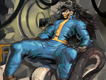 anthro big_tail biped black_body black_claws black_hair black_horn black_scales blue_bottomwear blue_clothing blue_pants blue_shirt blue_topwear boots bottomwear claws clothed clothed_anthro clothed_male clothing countershade_face countershade_neck countershade_scales countershade_tail countershading detailed_background eyelashes fangs finger_claws fingers footwear front_view fully_clothed furgonomics glistening glistening_horn glowing glowing_eyes grey_horn hair horn humanoid_hands inside jumpsuit long_hair long_tail long_tongue male male_anthro monotone_hair multicolored_body multicolored_scales multicolored_tail muscular muscular_anthro muscular_male narrowed_eyes open_mouth orange_tongue pants pip-boy ridged_horn scales sharp_teeth shirt shoes sitting snout solo spread_legs spreading tail tail_clothing tail_ridge tan_body tan_countershading tan_scales teeth thick_thighs tongue tongue_out topwear two_tone_body two_tone_scales two_tone_tail vault_suit yellow_eyes zerolativity fallout microsoft deathclaw scalie 2025 absurd_res colored digital_media_(artwork) hi_res portrait shaded signature three-quarter_portrait
