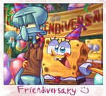 anthro balloon banner blue_eyes buckteeth clothing detailed_background duo eyelashes hat headgear headwear inflatable lidded_eyes male necktie open_mouth open_smile party_hat red_eyes shirt smile teeth toony topwear sidruni nickelodeon spongebob_squarepants spongebob_squarepants_(character) squidward_tentacles cephalopod coleoid marine mollusk octopodiform octopus sea_sponge hi_res