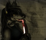 anthro black_body black_fur blood bodily_fluids clothing ear_piercing female fur knife lyrics music piercing she-wolf_(song) solo song tongue tongue_piercing yellow_eyes lucasit megadeth canid canine canis mammal wolf