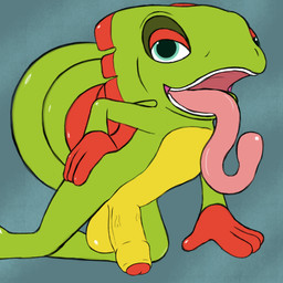 4_fingers anthro balls belly curled_tail fingers foreskin genitals green_body green_scales half-closed_eyes hand_on_hip humanoid_genitalia humanoid_penis kneeling long_tongue male narrowed_eyes open_mouth penis pink_tongue pose red_hands scales simple_background solo tail teeth tongue tongue_out vein veiny_penis yellow_belly kahei_yattsu playtonic_games yooka-laylee yooka chameleon lizard reptile scalie 1:1 2016 hi_res