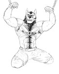 anthro body_hair bound captured clothed clothing hairy male muscular rope solo simonsbathtub alex_nightmurr canid canine canis mammal wolf hi_res monochrome sketch story story_in_description