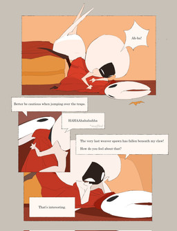 anthro bedroom biped black_body black_eyes cloak clothed clothing detailed_background dialogue duo empty_eyes female female/female female_anthro female_humanoid inside laugh lying mouthless narrowed_eyes on_back on_ground on_top_of_another red_cloak red_clothing speech_bubble tackle talking_to_another text white_body white_eyes justdog hollow_knight:_silksong hollow_knight_(franchise) team_cherry hornet_(hollow_knight) lace_(hollow_knight:_silksong) arthropod humanoid 2025 comic english_text hi_res