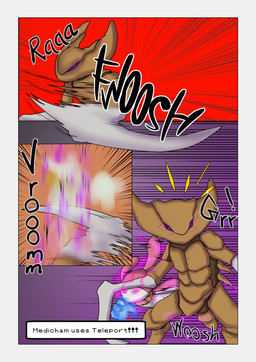 3_panel_comic ambiguous_gender anthro attack biped black_text border claws duo exclamation_point glowing grey_border motion_lines purple_eyes sound_effects standing text text_box novaarts nintendo pokemon pokemon_mystery_dungeon spike_chunsoft fossil_pokemon generation_1_pokemon generation_3_pokemon humanoid kabutops medicham pokemon_(species) 2025 absurd_res comic english_text hi_res