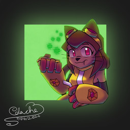 anthro brown_hair clothing eaten_food female hair red_eyes simple_background solo tail colachoblaso gameoverse glitch_productions kit_bodega animal_humanoid cat_humanoid felid felid_humanoid feline feline_humanoid humanoid mammal mammal_humanoid 1:1 absurd_res hi_res shaded