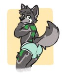 anthro bulge butt butt_focus clothed clothing fangs fur green_clothing green_eyes green_markings green_underwear grey_body grey_fur hand_under_chin looking_at_viewer male markings multicolored_body multicolored_fur rear_view simple_background smug solo standing teeth underwear underwear_only yellow_background cookiebandit canid canine canis mammal wolf 2024 colored hi_res portrait three-quarter_portrait