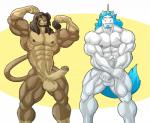 abs anthro athletic balls beard biceps big_balls big_muscles big_penis black_nipples blue_eyes blue_hair brown_body brown_fur brown_hair crossed_arms duo ear_piercing erection facial_hair fist flexing front_view fur genitals goatee grey_body grey_eyes grey_fur grey_nipples grin hair horn humanoid_genitalia humanoid_penis looking_at_viewer male muscular muscular_male naughty_face nipples nude pecs penis piercing pose raised_arm raised_fist raised_hand simple_background smile standing tan_body tan_fur vein white_body white_fur kartos mythology galen_dhaelos uniko equid equine felid lion mammal mythological_creature mythological_equine pantherine unicorn 2014