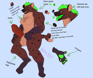 anthro brown_body digitigrade genitals green_hair gynomorph hair intersex markings muscular muscular_gynomorph muscular_intersex muscular_thighs penis scar scars_on_chest sharp_teeth smug_face solo spots spotted_markings teeth text thick_penis vein veiny_penis m0chibunz tiziri(m0chibunz) hyena mammal spotted_hyena digital_media_(artwork) english_text model_sheet