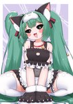 accessory bell bell_collar black_ears black_sclera blush clothed clothing collar cute_fangs fangs female garter green_hair green_tail hair inner_ear_fluff legwear long_hair maid_apron maid_uniform nails navel open_mouth solo stockings tail teeth tuft twintails_(hairstyle) uniform white_clothing white_eyes white_legwear white_stockings horokusa0519 mimukauwa_nice_try vocaloid hatsune_miku animal_humanoid cat_humanoid felid felid_humanoid feline feline_humanoid humanoid mammal mammal_humanoid hi_res