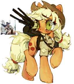 badge blonde_hair bottomless bottomless_female clothed clothing cosplay cowboy_hat crossover_cosplay cutie_mark female feral freckled_face freckles fur green_eyes gun hair hat headgear headwear long_hair orange_body orange_fur ranged_weapon sheriff sheriff_badge short_sleeves simple_background solo tail tied_hair weapon white_background yellow_tail p0nyplanet friendship_is_magic hasbro my_little_pony the_walking_dead applejack_(mlp) rick_grimes earth_pony equid equine horse mammal pony crossover digital_media_(artwork) digital_painting_(artwork) hi_res painting_(artwork) watermark