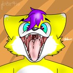 anthro bodily_fluids dripping eyebrows fur green_blue_eyes hair inner_mouth looking_at_viewer male mouth_shot open_mouth purple_hair saliva saliva_drip saliva_string simple_background teeth text throat tongue tongue_out uvula white_body white_fur wide_mouth yellow_body yellow_fur bartisthedoggie bartis_(bartisthedoggie) canid canine canis domestic_dog mammal 1:1 hi_res