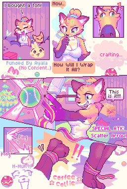 ankles_tied anthro ball bound breasts cake cleavage clothed clothing dessert dialogue exclamation_point female food fur gloves_(marking) green_eyes hair hair_bun hands_tied markings medium_breasts one_eye_closed orange_body orange_fur question_mark shirt smile smirk solo tank_top tennis_ball text topwear wink coffee_collie chiikawa dungeons_of_aether rivals_of_aether fleet_(dungeons_of_aether) usagi_(chiikawa) canid canine fox mammal 2026 comic digital_drawing_(artwork) digital_media_(artwork) english_text hi_res pixel_(artwork)