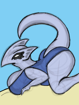 anthro big_breasts biped breasts butt clothing female huge_breasts side_view solo swimwear tail jackw2 3:4 hi_res tagme